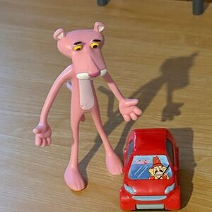 Pink Panther Bendy Figurine with Red Pull Back and Go Car